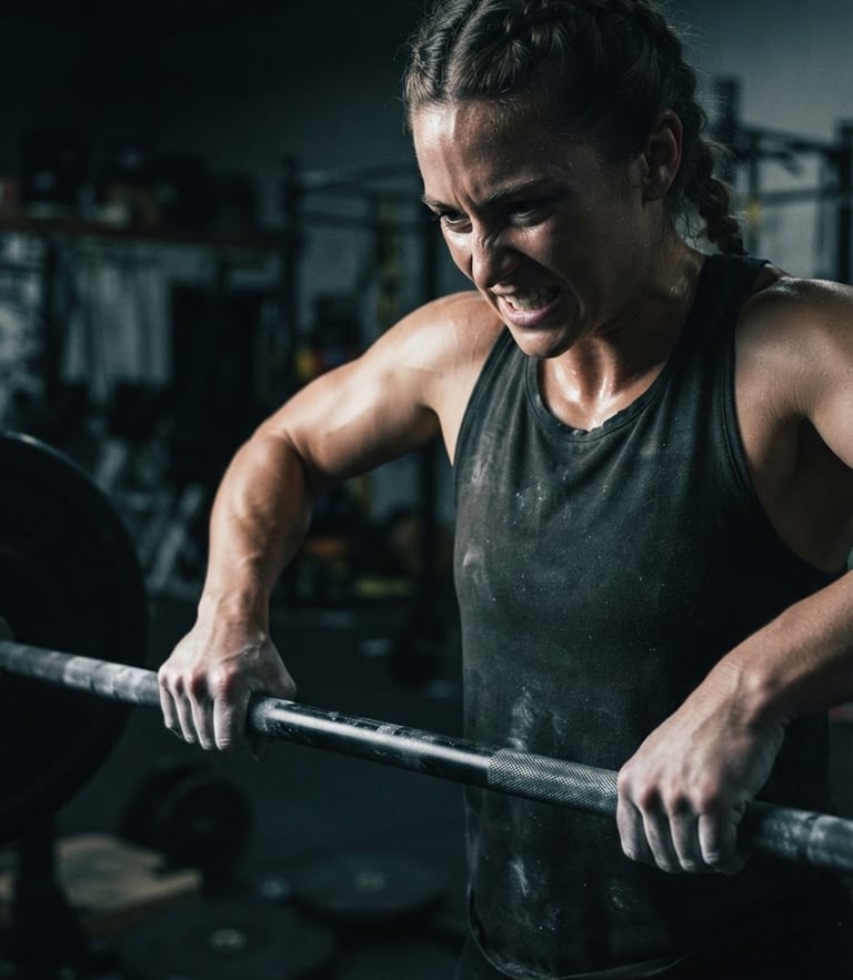 Moody athletic photography, high-contrast dramatic side lighting, close-up of a focused athlete gripping a barbell, desaturated cool tones, sharp focus, 35mm film.