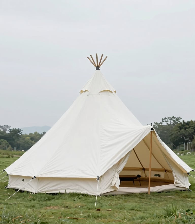 A wide architectural shot of a pristine white high-peak tent set up on a manicured green lawn, soft overcast daylight, clean lines, 35mm lens