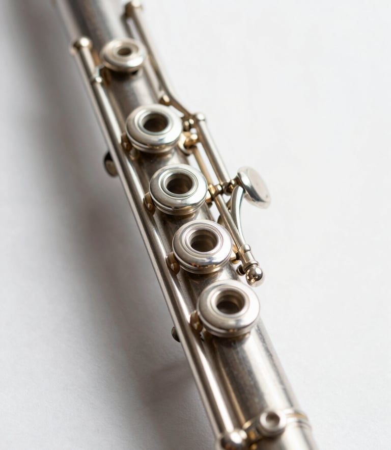 Macro shot of a silver clarinet keys under bright natural daylight, shallow depth of field, subtle gold reflections, clean light background