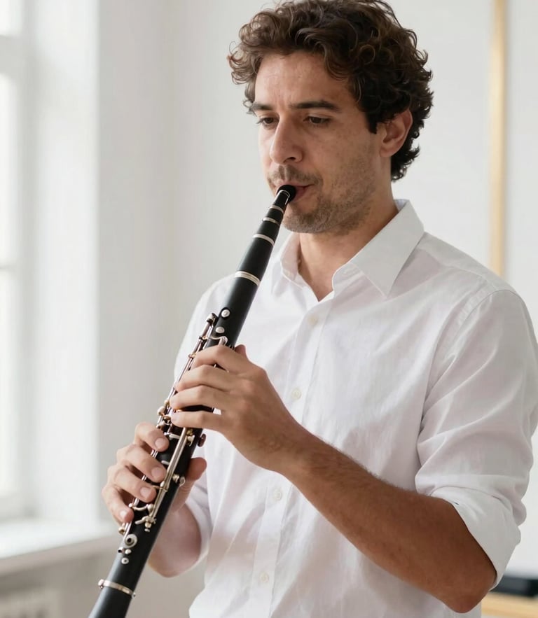 Professional portrait of clarinetist Edmilson Nery in a bright studio, soft natural daylight, holding a woodwind instrument, shallow depth of field, clean editorial style.
