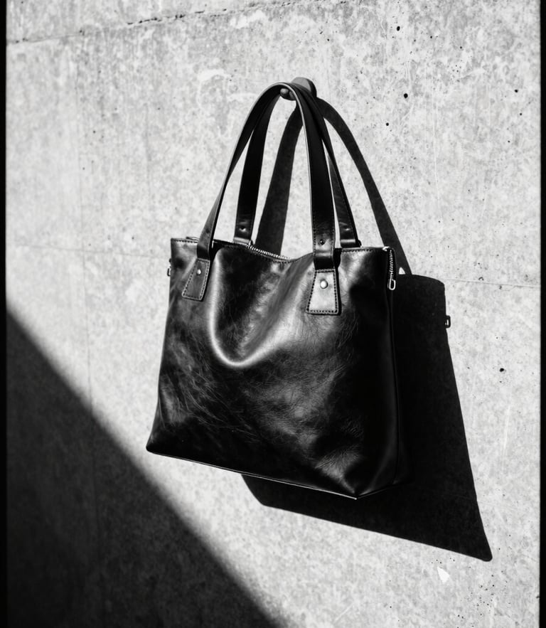 Stark editorial fashion photography, a geometric black leather handbag casting a sharp razor-sharp shadow on a brutalist concrete wall, harsh direct sunlight, high-contrast monochrome