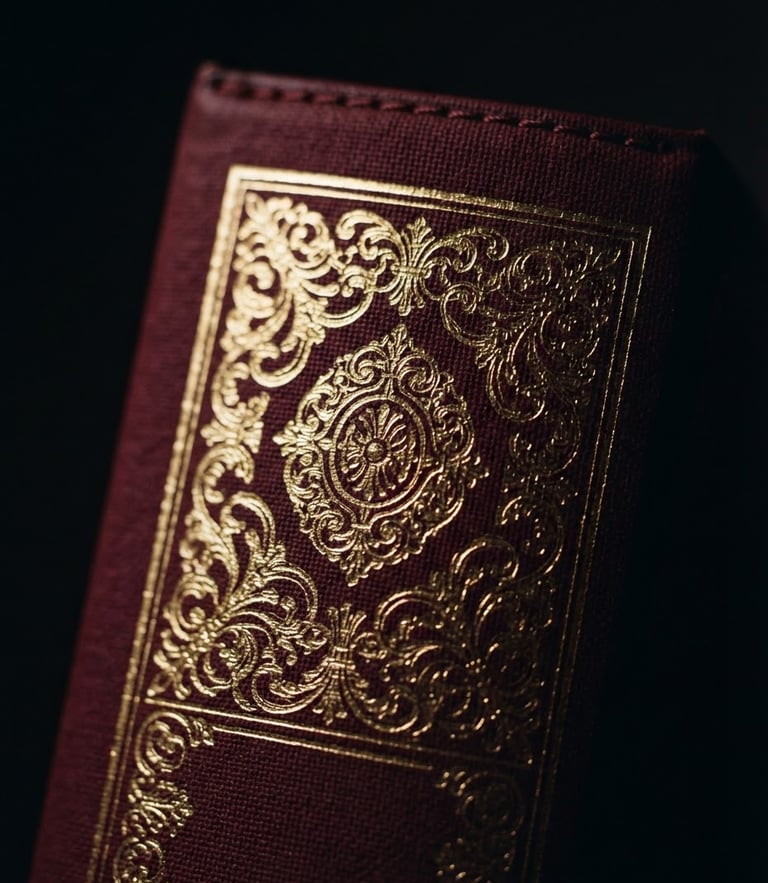 Macro close-up of a premium hardback book spine with embossed gold foil lettering, low-key dramatic studio lighting, deep crimson accents, 35mm