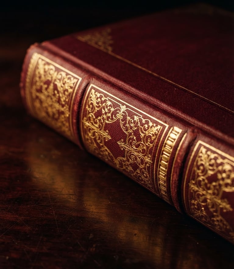 Macro close-up of an elegant gold-embossed hardcover spine resting on a dark mahogany desk, dramatic low-key studio lighting with warm gold highlights