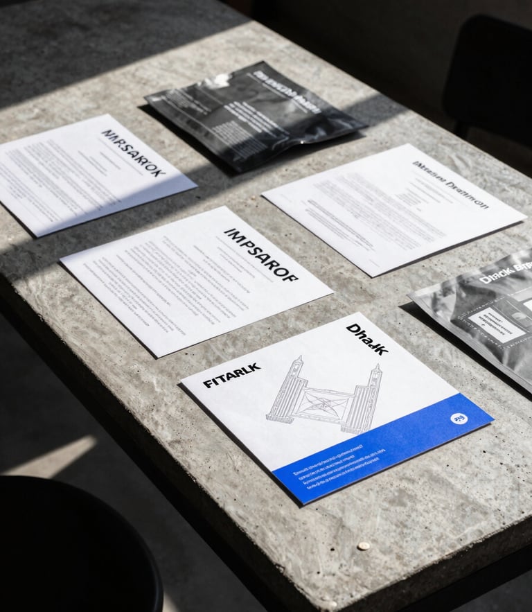 Stark editorial photography of a concrete design studio table in Dhaka, direct sunlight, sharp shadows, physical brand packaging proofs laid out neatly.