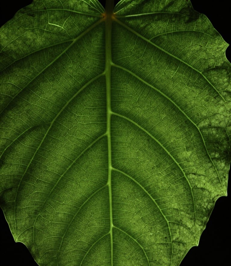 Macro close-up of a real leaf structure under high-contrast laser telemetry scanning, bioluminescent green lines tracing the veins, low-key lighting