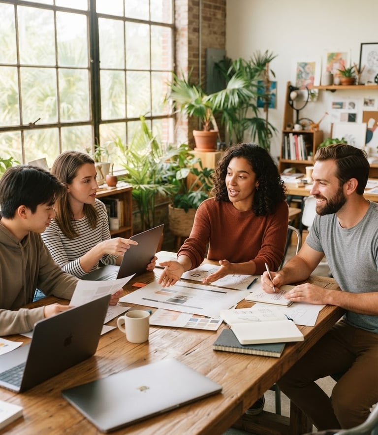 Medium-close editorial shot of a creative team collaborating around a wooden table in a bright Sarasota studio, natural Florida sunlight streaming through large windows, warm tones, 35mm