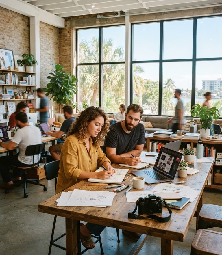 Bright editorial photography of a modern creative workspace in Sarasota, natural Florida sunlight streaming through large windows, 35mm