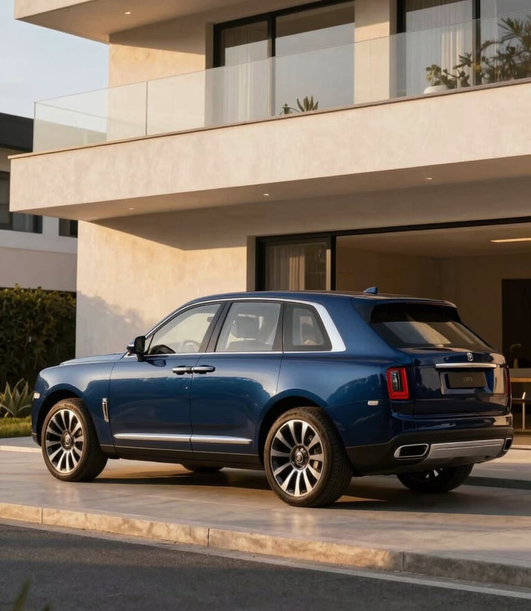 A pristine dark blue luxury SUV parked in front of a modern architectural home with warm golden-hour light casting long shadows, 35mm editorial photography.