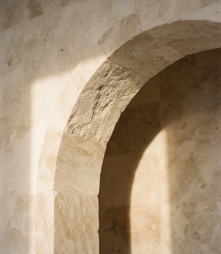 Close-up detail of a modern limestone architectural archway, soft warm morning light casting long elegant shadows, minimalist aesthetic