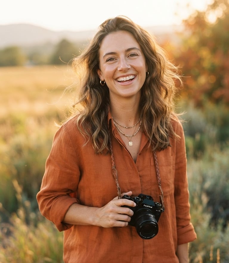 Friendly, warm portrait of photographer Sienna Cole smiling outdoors in golden hour light, holding a camera loosely, soft-focus natural background