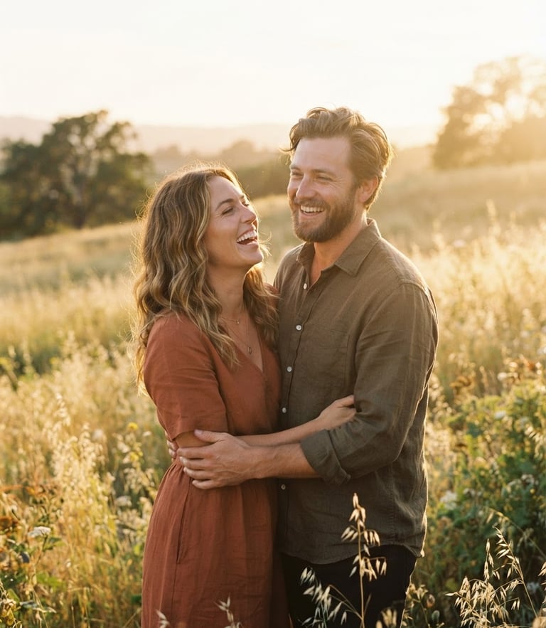 Candid medium shot of a couple laughing in a sun-drenched meadow at golden hour, warm backlighting, soft natural flare, 35mm film style.