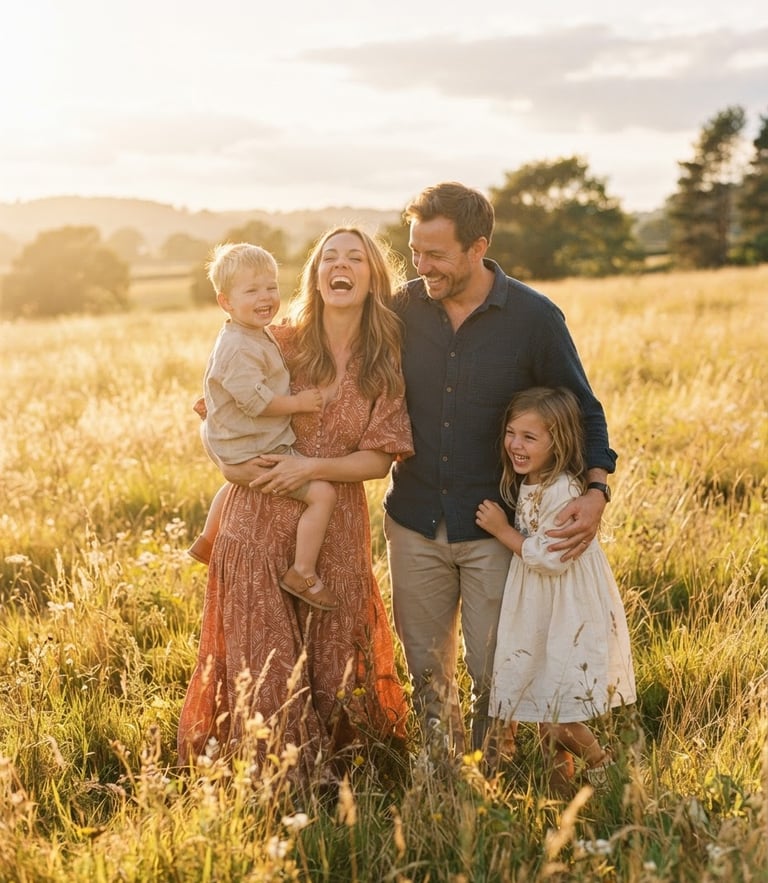 Candid lifestyle portrait of a young family laughing together in a sun-drenched meadow, warm golden hour light, backlit, 35mm film style