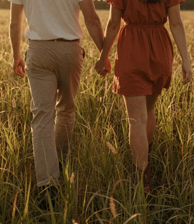 A couple walking hand-in-hand through a sun-drenched field of tall grass, warm golden hour backlighting, candid cinematic crop