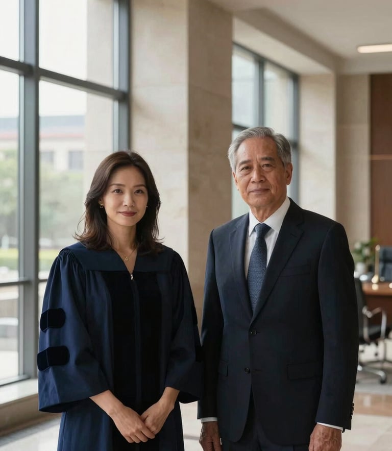 High-contrast editorial portrait of two lawyers in a modern, softly lit architectural office, natural window light, sober navy and stone tones, 35mm