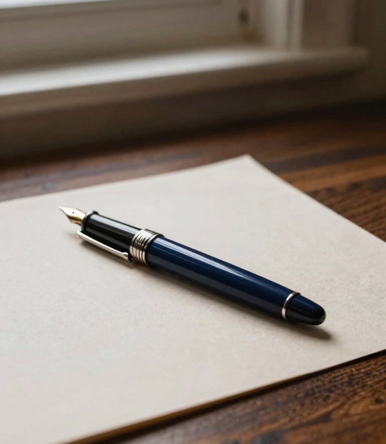 Close-up of a fountain pen resting on heavy textured paper on a dark wooden desk, soft window light, warm stone tones, 35mm