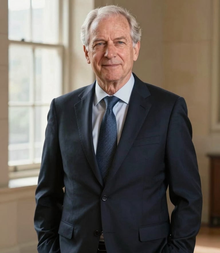 Sober portrait of a senior law partner in a dark navy suit, soft natural window light, warm stone background, professional editorial photography, 35mm