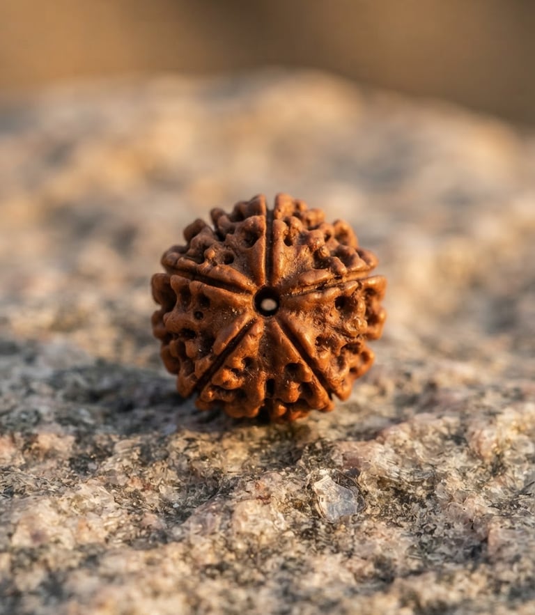 Macro photograph of a single, perfectly symmetrical five-mukhi Rudraksha bead resting on a raw Himalayan granite stone, soft golden-hour window light casting gentle shadows.