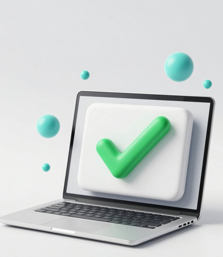 Soft clay-textured 3D illustration of a clean, minimalist laptop showing a digital dashboard with a green checkmark, floating cyan spheres, soft studio lighting, isolated on a white background.