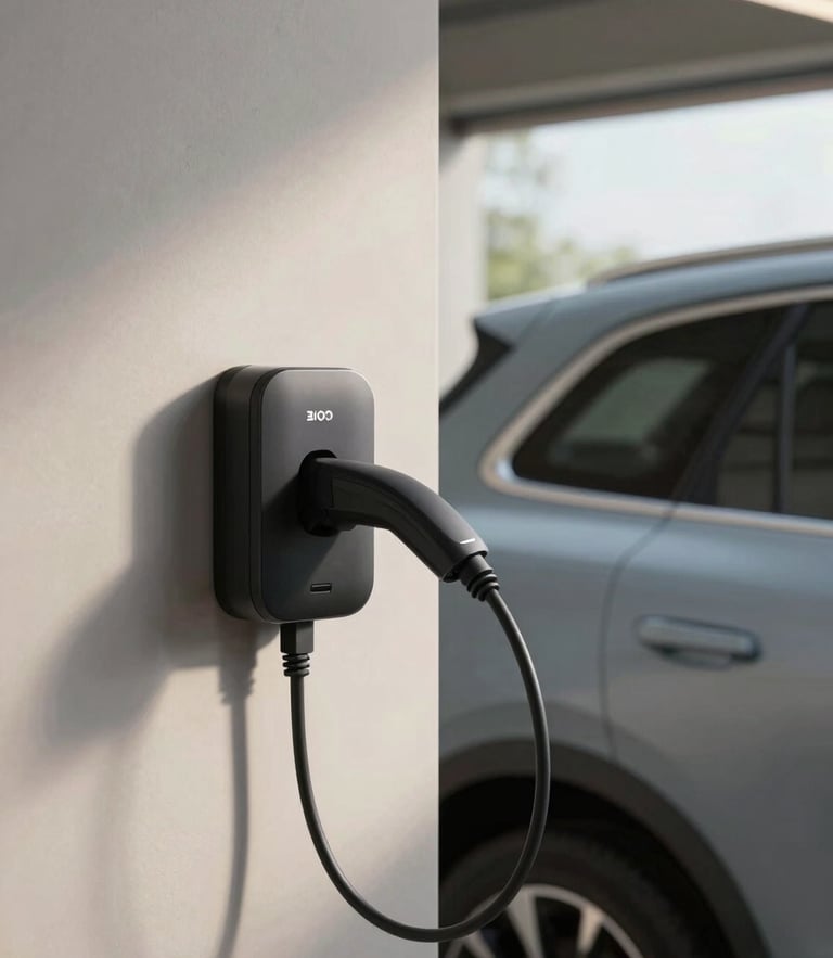 Close-up of a premium electric SUV connected to a sleek wall charger inside a clean, modern residential garage, soft natural side lighting, realistic textures.