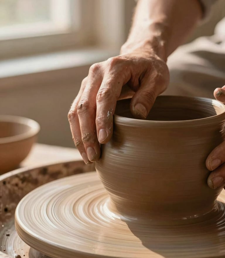 Soft close-up of hands resting gently on warm clay pottery, natural morning light, shallow depth of field, terracotta tones