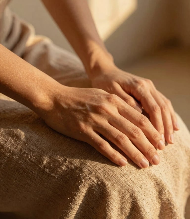 Close-up of warm hands resting firmly on textured raw linen fabric, soft golden hour side light, organic terracotta shadows