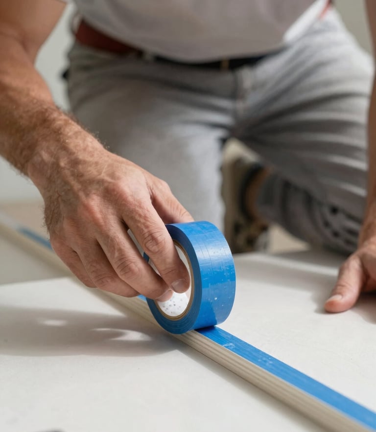 A professional painter in clean branded gear carefully applying blue painter's tape to a baseboard, bright daylight, macro close-up of a sharp edge