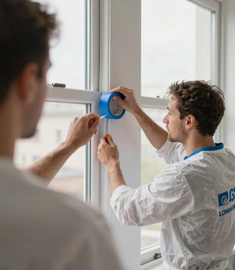 Straight-on shot of a painter in clean branded gear applying blue painter's tape to a crisp window trim, bright natural daylight, dust-free surface.