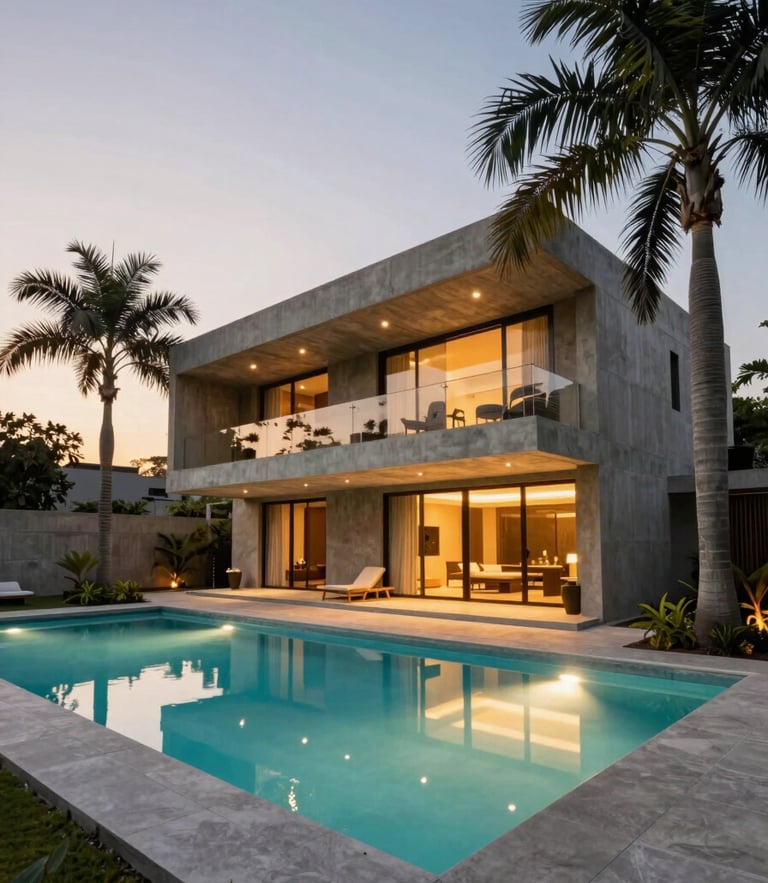 Low-angle architectural dusk photograph of a modern concrete villa in India, with a large illuminated swimming pool and structured palm trees, golden hour lighting, sharp perspective.