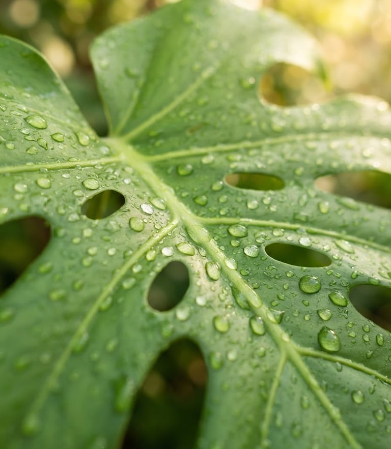 Macro detail shot of vibrant green Monstera leaf with morning dew drops, bright natural morning daylight, sharp focus, 35mm