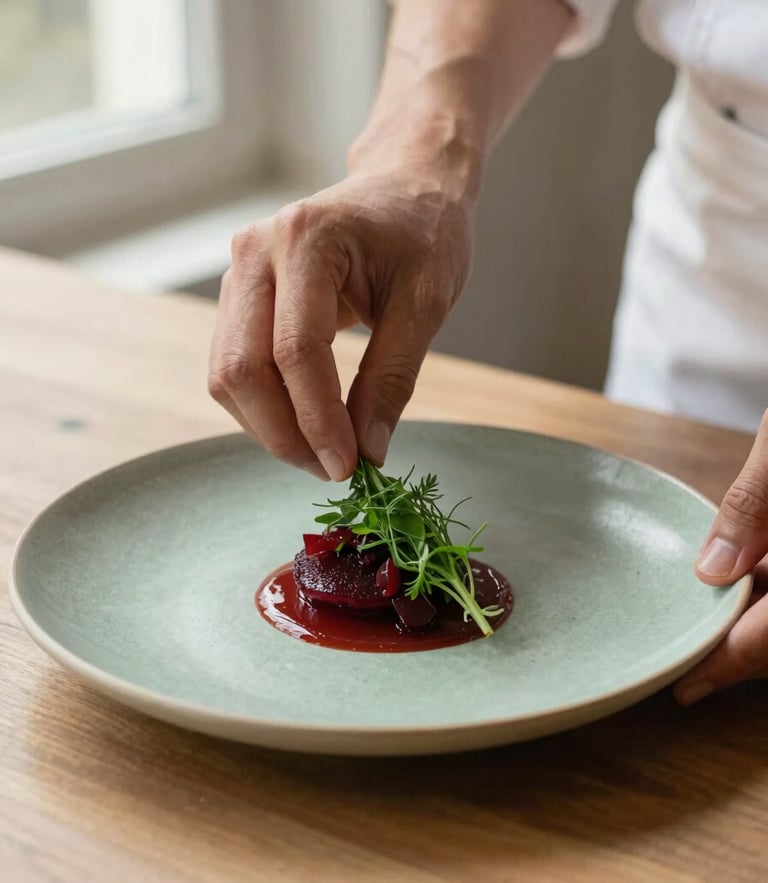 Hands of a chef carefully plating a minimalist dish with fresh herbs under soft natural window light, deep crimson and muted green tones, shallow depth of field, 35mm