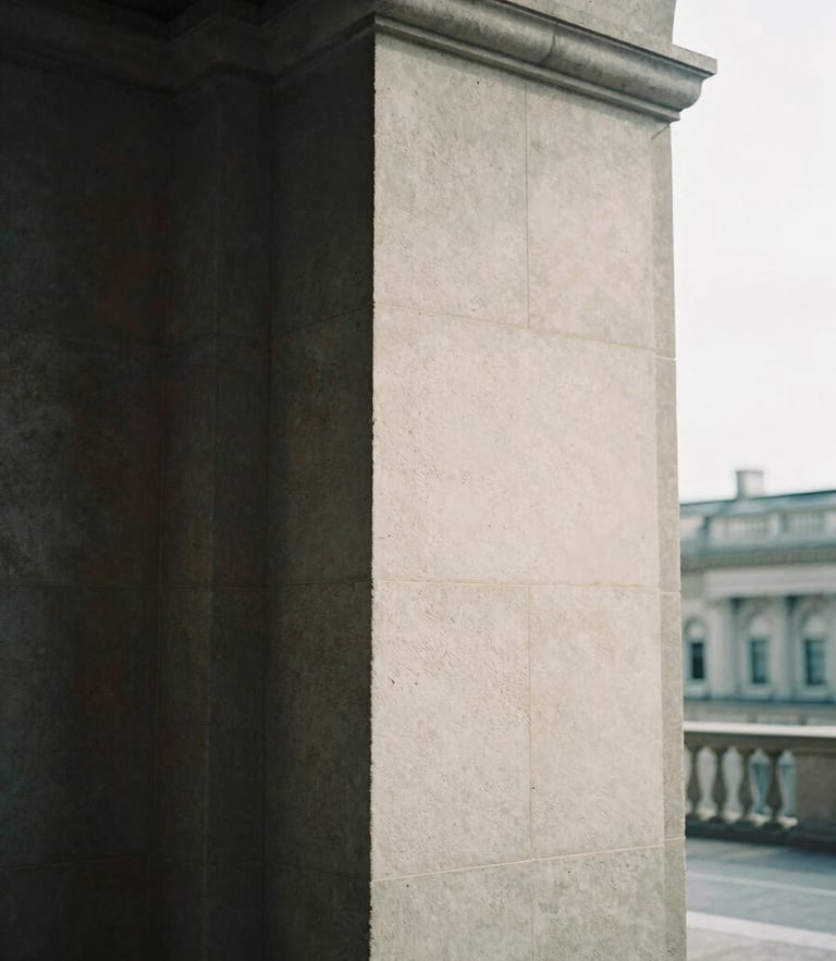 A close-up of a brutalist stone column with deep shadows, soft overcast daylight, architectural editorial photography, 35mm film