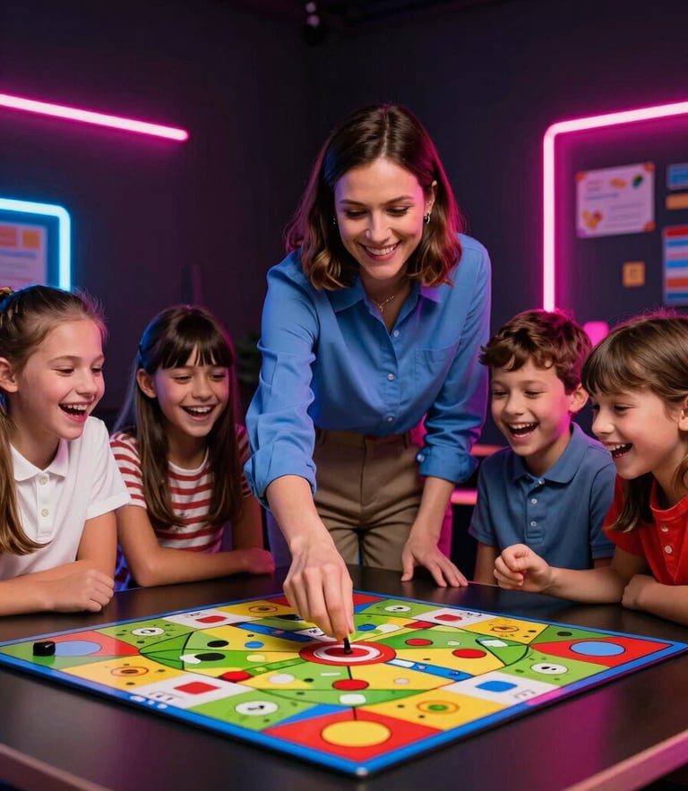A smiling female school teacher and elementary students laughing around a colorful board game in a modern classroom, neon fuchsia rim lighting, dark background, dynamic action shot