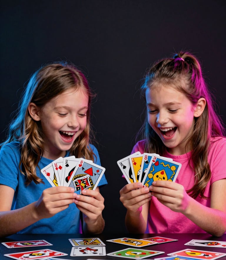 Two excited children aged 10 and 12 grabbing colorful game cards from a table, laughing, high-contrast neon blue rim lighting, dark background, sharp focus