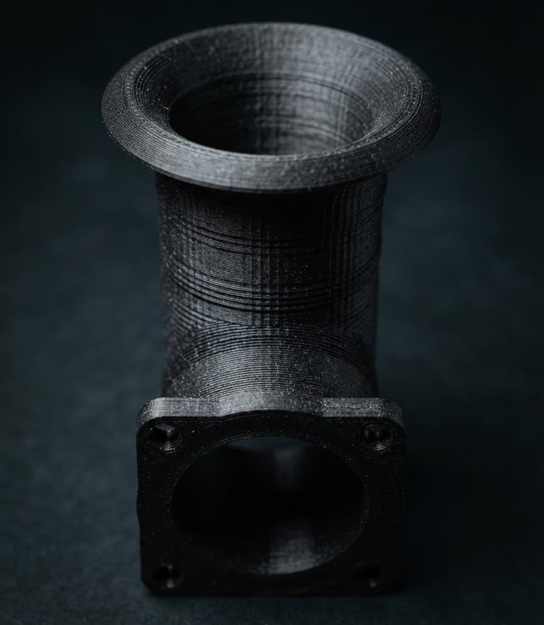 Sleek product photography of a 3D-printed motorsport velocity stack, high-contrast studio lighting, dark moody background, macro lens showing precise additive layers, 35mm