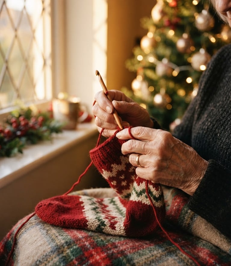 Warm close-up of older hands gently crocheting with rich red yarn under soft golden window light, cozy holiday atmosphere.