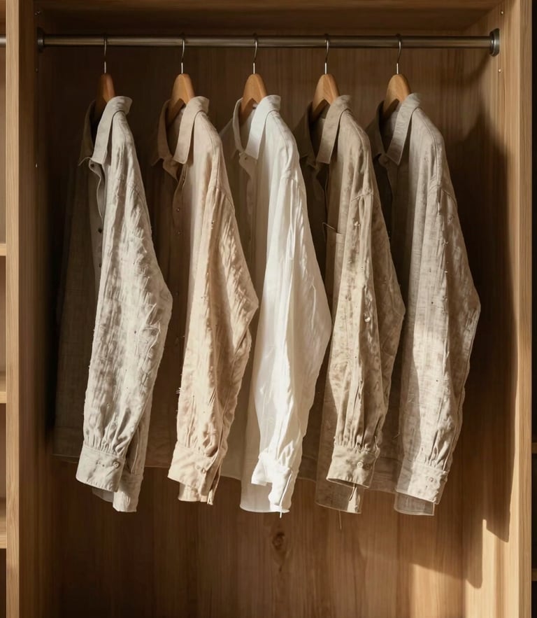 Straight-on architectural shot of a minimalist wardrobe, linen garments hanging in perfect rhythm under soft, warm afternoon light, natural wood textures, deep shadows.