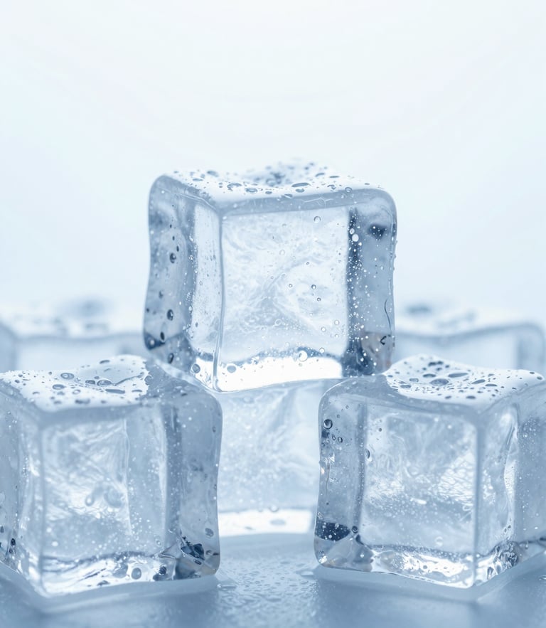 Macro shot of perfectly clear ice cubes with crisp frost texture and subtle condensation, high-key studio lighting, cool blue backlighting, 50mm