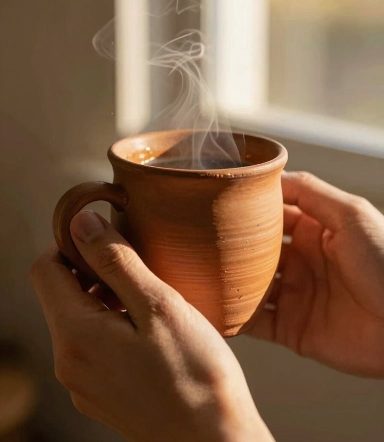 Close-up of hands holding a steaming terracotta mug, warm golden-hour sunlight streaming through a window, shallow depth of field, 35mm