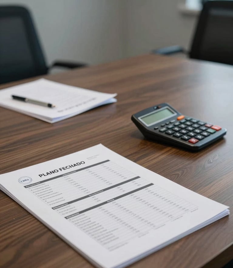 Plano fechado de uma mesa de reunião corporativa sóbria, com relatórios financeiros impressos e uma calculadora clássica sob iluminação interna fria.