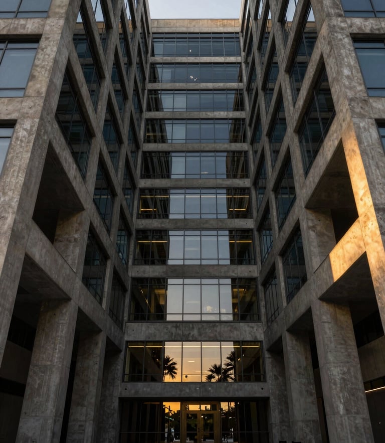 Symmetric wide-angle architectural shot of a modern concrete and glass corporate headquarters, sharp geometric lines, low-key dramatic golden hour lighting, 35mm