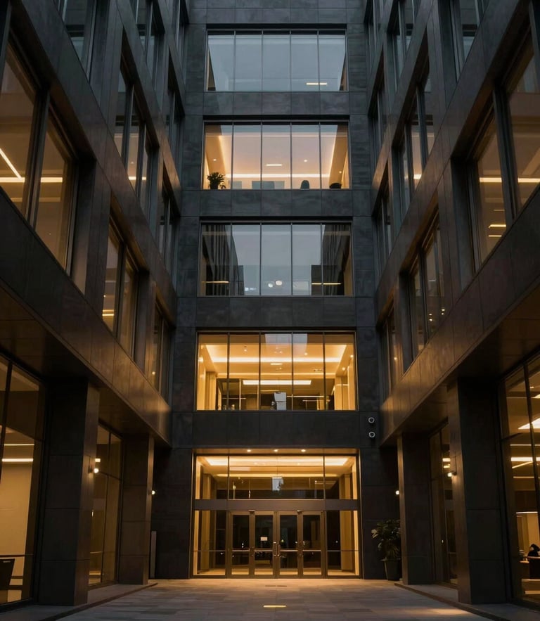Symmetric architectural interior of a modern corporate headquarters, low-key dramatic lighting with gold highlights, deep charcoal tones, 35mm