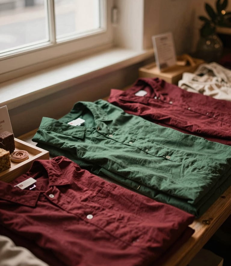 Overhead shot of a bustling indoor artisanal food market, warm window light, rich crimson and forest green tones, shallow depth of field