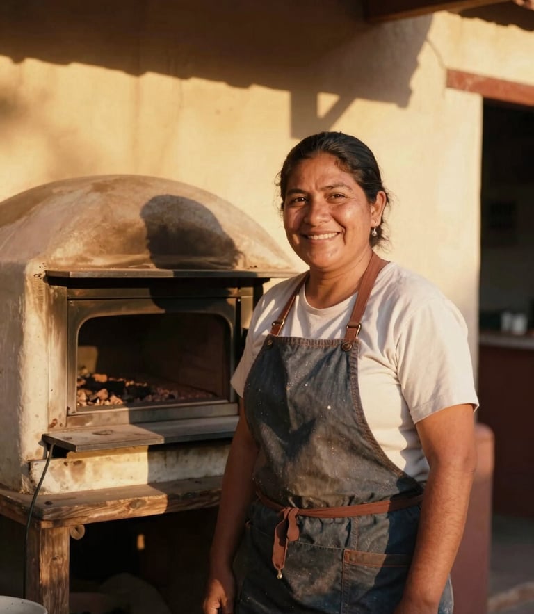 A warm, daylight photo of a small Mexican bakery owner smiling proudly next to her ovens, 35mm lens, golden-hour sunlight