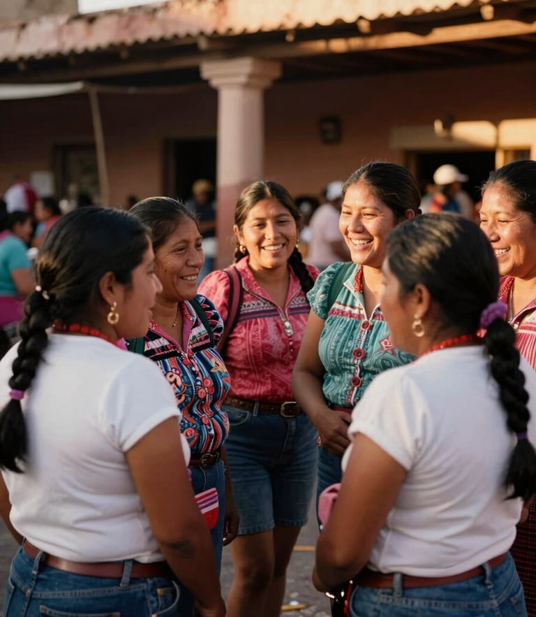 Warm golden-hour daylight illuminating a group of five Mexican market women laughing together in a vibrant Guanajuato market, authentic 35mm photography, rich earth tones