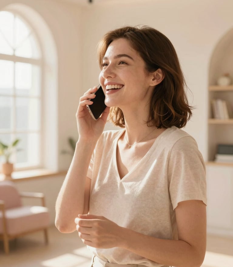 A joyful woman speaking in a modern, sun-drenched sanctuary, warm golden-hour daylight, soft pastel tones, high-key lighting, hopeful atmosphere, 35mm lens