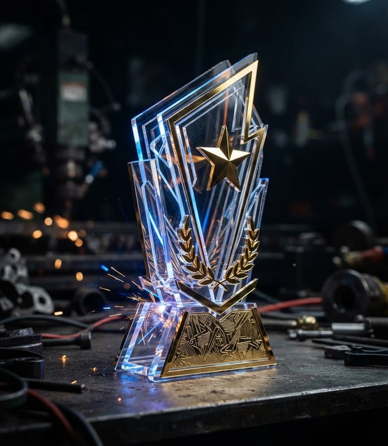 Macro shot of a high-precision laser-cut acrylic trophy with sharp gold accents, dark workshop background, sharp focus, dramatic industrial lighting