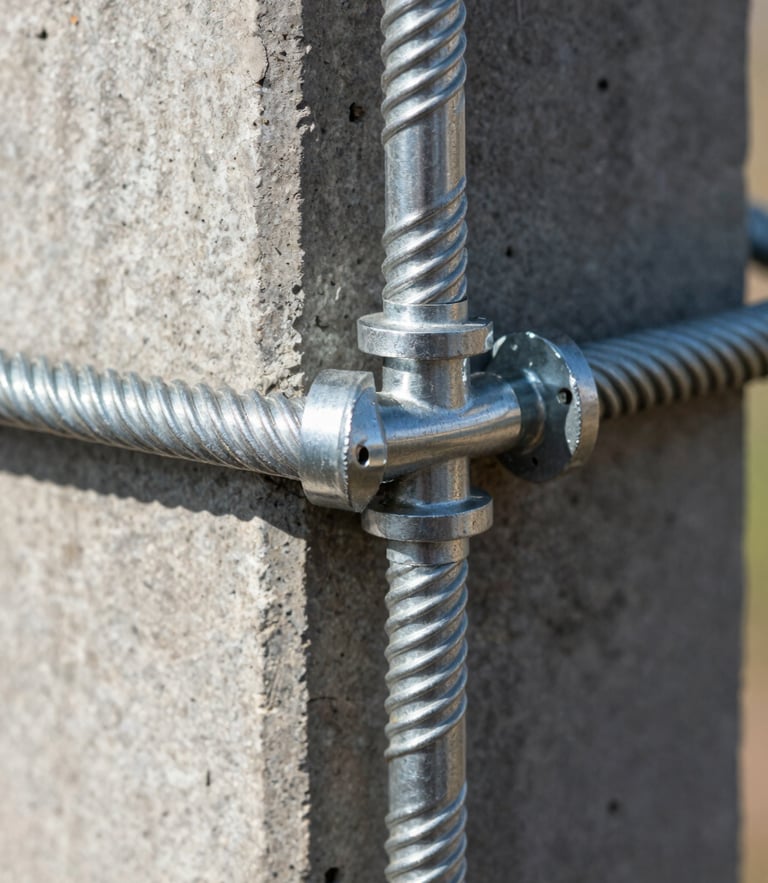 Close-up shot of thick galvanized steel wire tension joint secured to a reinforced concrete pole, harsh sunlight highlighting the metallic sheen