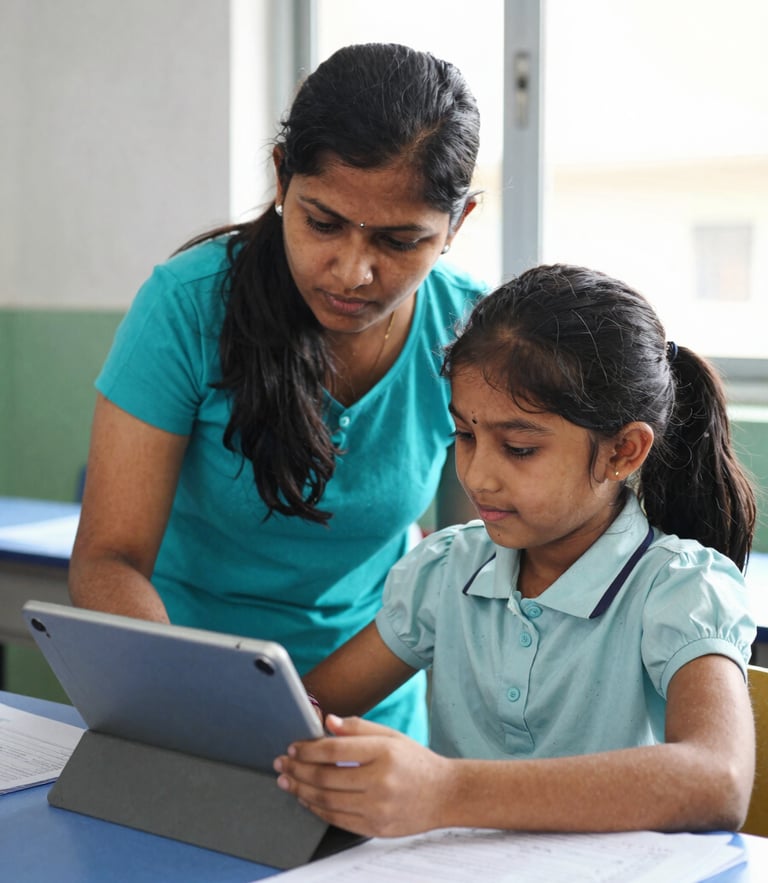 Bright documentary photography of a mother and daughter in Samastipur reviewing school assignments on a tablet, soft window light, warm and focused.