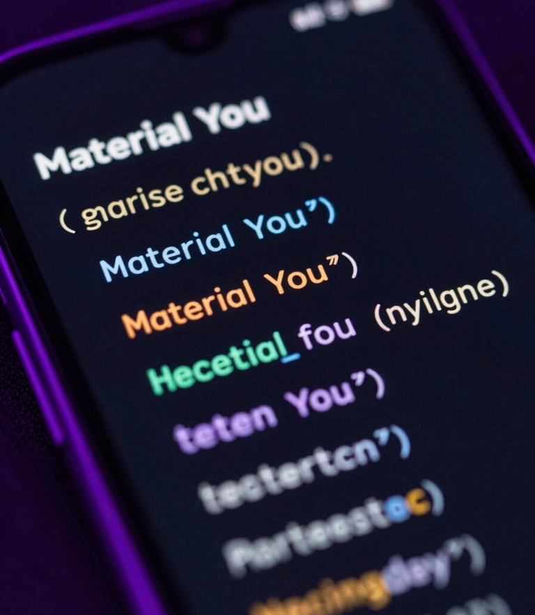 Macro close-up of a physical Android screen displaying code lines and Material You interface elements, moody low-key studio lighting, neon violet edge-glows, deep dark tones.