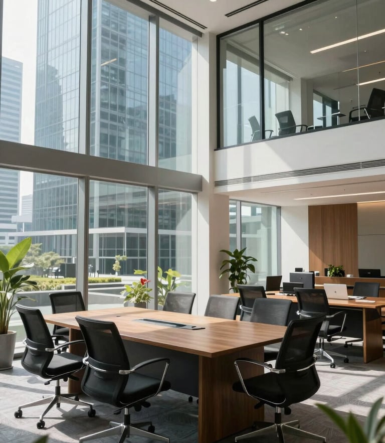 Bright modern metropolitan corporate office interior in Jakarta with natural daylight, glass panels, and professional meeting desks.